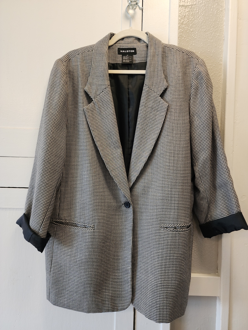 Vintage Halston Black & White Lightweight Wool Mini Houndstooth Blazer Size 14